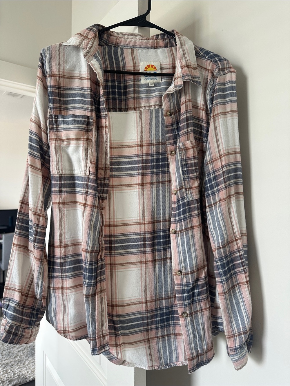 Plaid Button-Front Flannel Jacket in Pink and Blue